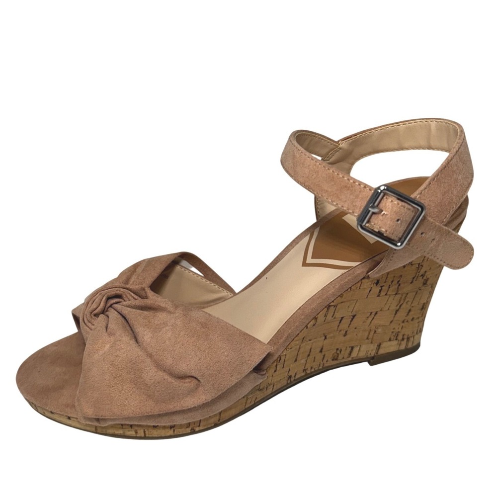 Dolce Vita Tan Faux Suede Cork Wedge Sandals Knotted Bow Ankle Strap Size 8.5